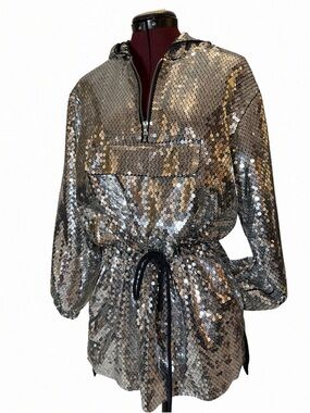 Moschino Silver Sequin Hooded Mini Dress with Drawstring